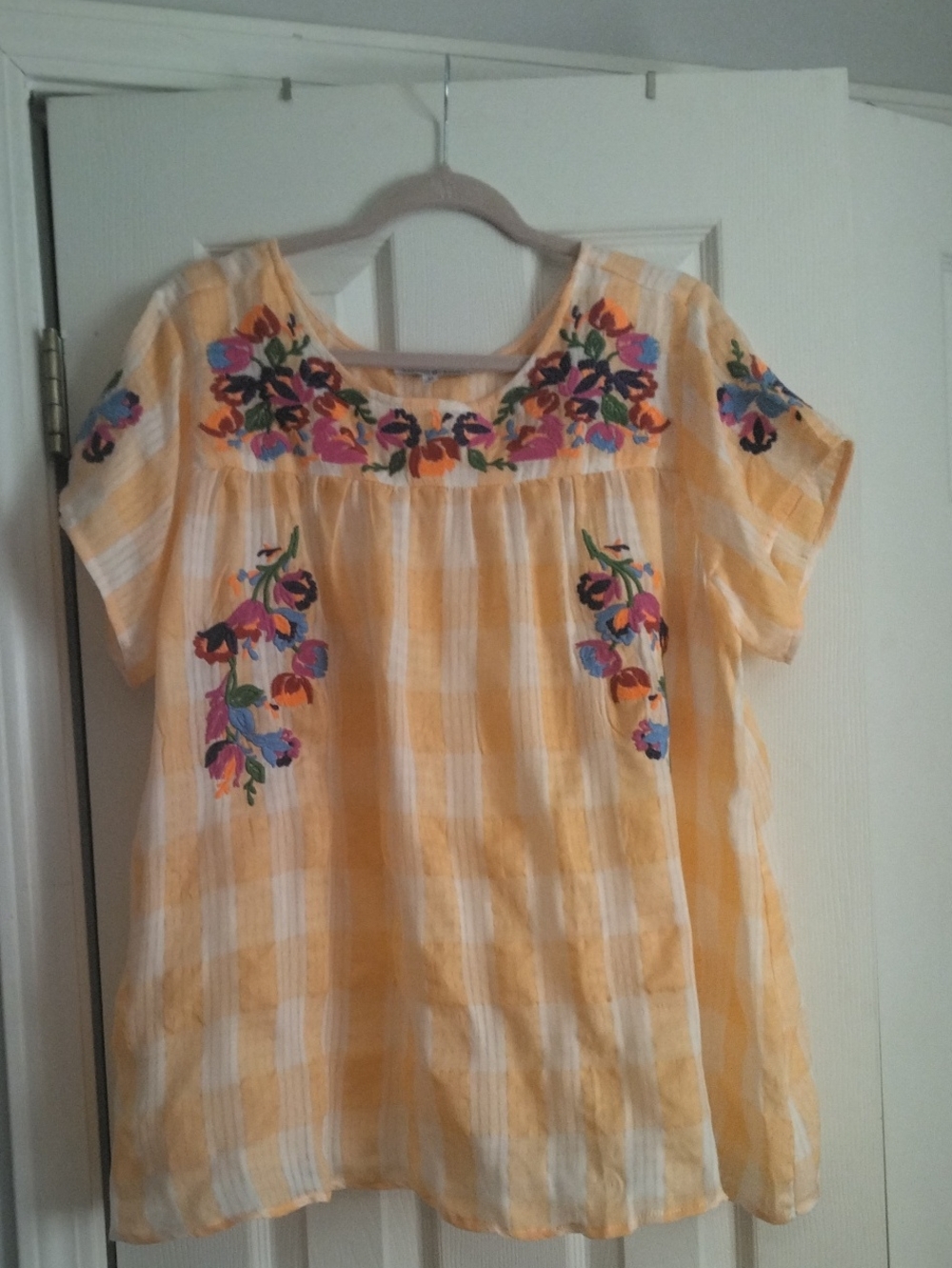 Peach Gingham Embroidered Peasant Top